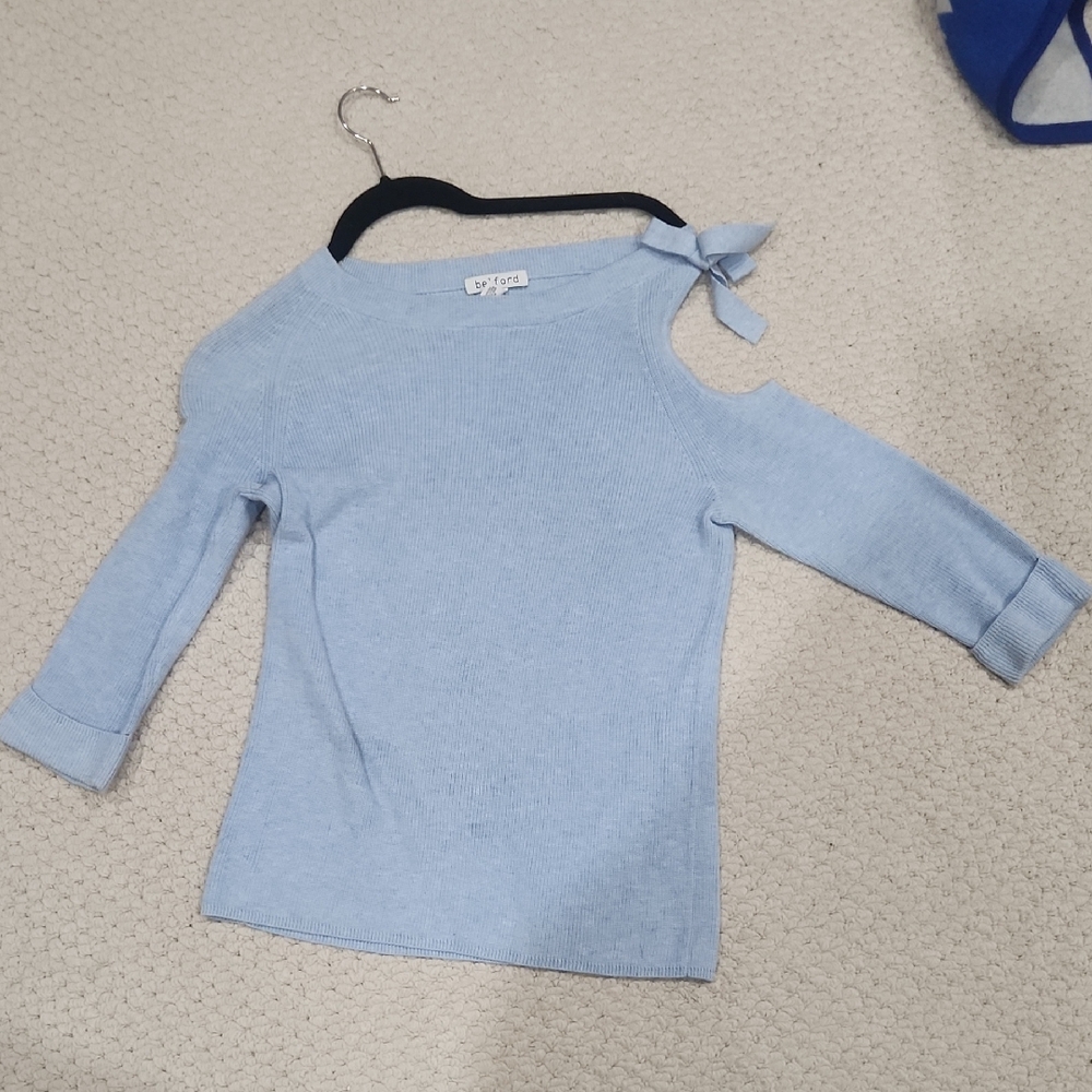 Belford Light Blue women's Sweater with one bare shoulder and Bow Detail